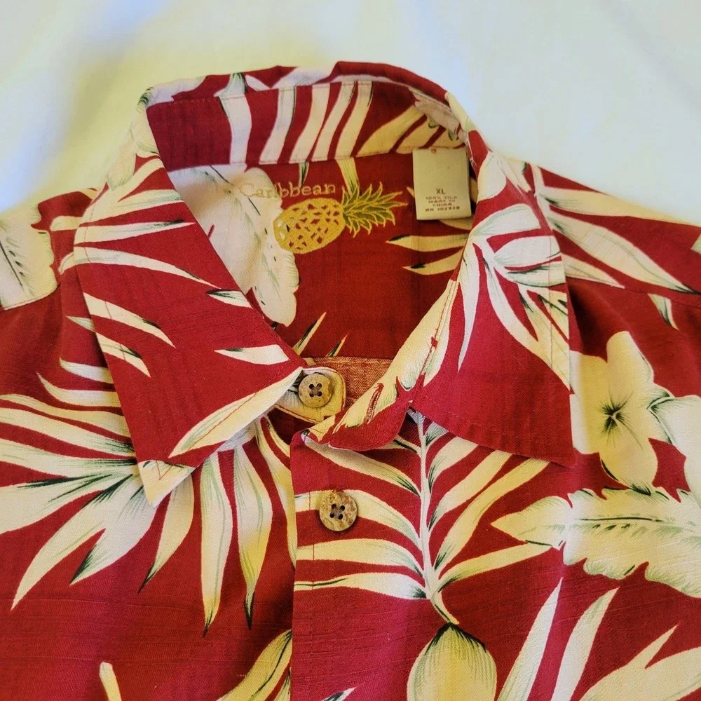 Caribbean XL Silk Hawaiian‎ Shirt Red Floral Button Up